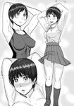  armpits arms_up ayumu_(zenkou) black_hair blush breasts cleavage covered_nipples dated greyscale large_breasts monochrome multiple_views one-piece_swimsuit original pleated_skirt school_uniform short_hair skin_tight skirt socks sweat swimsuit topless zenkou 