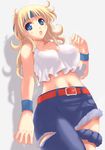  artist_request asymmetrical_clothes belt blonde_hair blue_eyes breasts cleavage denim headband jeans large_breasts lune_zoldark midriff navel pants single_pantsleg solo super_robot_wars super_robot_wars_original_generation super_robot_wars_the_lord_of_elemental tank_top torn_clothes torn_jeans torn_pants wristband 
