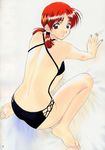  adachi_taeko all_fours ass back bare_back barefoot brown_eyes feet highres looking_back polorinken red_hair sentimental_graffiti short_hair short_twintails soles solo swimsuit twintails 