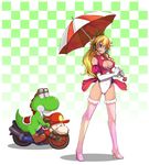  bare_shoulders blonde_hair blue_eyes boots breasts checkered checkered_background cleavage cleavage_cutout crown dinosaur earrings elbow_gloves gloves goggles ground_vehicle headset high_heels highleg highleg_leotard jewelry kara_(color) large_breasts leotard long_hair mario mario_(series) motor_vehicle motorcycle objectification pink_footwear pink_legwear princess_peach race_queen revision shadow shoes smile standing super_mario_bros. thigh_boots thighhighs umbrella yoshi 