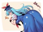  1girl angry ass blue_dress blue_eyes blue_hair blush breasts clenched_teeth dress from_behind hat kamishirasawa_keine large_breasts leaning leaning_forward long_hair looking_at_viewer shiny shiny_clothes shiny_hair shocked sideboob solo surprised teeth touhou tsuki_wani very_long_hair 