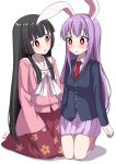  2girls animal_ears bangs black_hair blouse blunt_bangs blush bow bright_pupils bunny_ears commentary_request eyebrows_visible_through_hair floral_print head_tilt highres hime_cut houraisan_kaguya japanese_clothes kneeling lavender_hair lavender_skirt leaf_print long_hair long_sleeves multiple_girls necktie open_mouth pink_blouse pleated_skirt red_eyes red_neckwear red_skirt reisen_udongein_inaba seiza shadow sidelocks simple_background sitting skirt suit_jacket tabi touhou tsukimirin very_long_hair white_background white_bow white_legwear white_pupils 