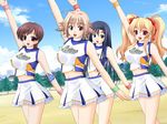  4girls akino_momiji_(cheerful!) akino_momiji_(cheerfull!) black_hair blonde_hair breasts brown_hair cheerful! cheerfull! cheerleader female furuno_masashi furuno_shouji game_cg large_breasts midriff multiple_girls nanami_ayane natsuki_futaba ponytail purple_eyes red_eyes red_hair ribbon ribbons shirakaba_kozue skirt tachibana_miyuki twintails wristband 