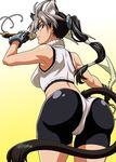  animal_ears ass back bike_shorts black_hair brown_eyes cat_ears isse long_hair looking_back midriff multicolored_hair original ponytail sleeveless solo sports_bra sword tail turtleneck two-tone_hair weapon 