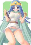  blue_eyes blue_hair blush book breasts cape circlet dragon_quest dragon_quest_iii gloves huge_breasts kourourin long_hair panties sage_(dq3) skirt skirt_lift solo striped striped_panties underwear 