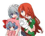  bad_id bad_pixiv_id blood blue_eyes blue_hair blush breasts hairband hat hong_meiling izayoi_sakuya long_hair maid medium_breasts multiple_girls nosebleed red_eyes red_hair remilia_scarlet ribbon sanzenhatsuka short_hair silver_hair touhou 