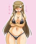  bikini blue_eyes blush breast_hold breast_squeeze breasts brown_hair condom condom_in_mouth crossed_arms dr.p frilled_bikini frills hair_over_one_eye large_breasts long_hair lowres mouth_hold navel sweat swimsuit tales_of_(series) tales_of_the_abyss tear_grants wide_hips 