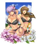  ayane_(doa) bad_id bad_pixiv_id bikini black_bikini blue_eyes breasts brown_hair cleavage curvy day dead_or_alive flower hair_flower hair_ornament hibiscus hitomi_(doa) ibanen large_breasts lily_(flower) long_hair multiple_girls muscle navel one_eye_closed plumeria purple_hair red_eyes short_hair swimsuit volleyball 