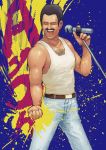  1boy absurdres belt black_hair chanta_(ayatakaoisii) chest_hair clenched_hand denim facial_hair freddie_mercury highres holding holding_microphone holding_microphone_stand jeans male_focus manly microphone muscle music mustache open_clothes open_mouth paint_splatter pants queen_(band) singing solo tank_top teeth 