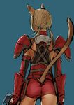  animal_ears armor arms_at_sides ass ass_cutout back bad_id bad_pixiv_id belt blonde_hair blue_background branch_(blackrabbits) cowboy_shot facing_away faulds final_fantasy final_fantasy_xi from_behind gloves high-waist_shorts holding holding_sword holding_weapon low_twintails medium_hair mithra pauldrons red_gloves red_shorts scorpion_harness shorts simple_background skin_tight solo sword tail tail_through_clothes tied_hair twintails weapon 