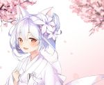  1girl :d animal_ear_fluff animal_ears azur_lane bangs blurry blurry_background blush bow brown_eyes cat_ears cherry_blossoms closed_fan depth_of_field double_bun eyebrows_visible_through_hair fan fang fingernails flower folding_fan gradient gradient_background hair_between_eyes hair_bun hair_flower hair_ornament hand_up japanese_clothes kimono long_hair long_sleeves looking_at_viewer open_mouth petals pink_background pink_flower shiruko27anko silver_hair smile solo tied_hair tree_branch upper_body white_background white_flower white_kimono yukikaze_(azur_lane) 