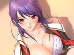  breasts cleavage game_cg hitotsukane_yuuko_olivia large_breasts majodou open_clothes open_shirt purple_hair red_eyes sano_toshihide school_uniform shirt solo 