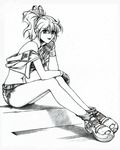  bare_shoulders excellen_browning fingerless_gloves gloves greyscale jacket legs long_legs midriff monochrome open_clothes open_jacket ponytail roysd short_shorts shorts sitting solo super_robot_wars 