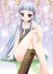  bangs blue_hair blunt_bangs boots crossed_legs hair_tubes hairband kannagi long_hair mouth_hold nagi purple_eyes ribbon shiroi_noria shoes single_shoe sitting solo strap_slip 