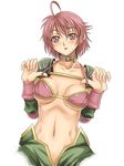  :o ahoge armor bangs bikini_top blush breasts breasts_apart buckle cleavage collar collarbone covered_nipples cowboy_shot cropped_legs embarrassed flipped_hair groin hair_between_eyes looking_at_viewer medium_breasts nail_polish navel no_panties o-ring o-ring_top pauldrons pink_eyes pink_hair revya_(female) short_hair shunzou simple_background solo soul_cradle strap_lift toned underboob white_background white_nails 
