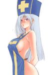  :&lt; blush breasts dragon_quest dragon_quest_iii fuyube_rion hat highres large_breasts long_hair mitre naked_tabard priest_(dq3) purple_eyes revealing_clothes sideboob solo tabard 