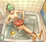  alcohol bad_id bad_pixiv_id barefoot bath breasts brown_hair convenient_censoring crossed_legs esukee feet food from_above large_breasts legs lying meiko nude plate ripples rubber_duck sake soap soles solo sushi towel towel_on_head vocaloid wet 