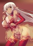  belt blush breasts copyright_request corsair dark_skin elf jpeg_artifacts large_breasts lingerie pointy_ears shimakaze solo thighhighs underwear white_hair yellow_eyes 