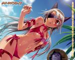  1girl :o aldra_(queen's_blade) animal_ears armband bangs bikini blue_skin blush bow breasts cameltoe cleavage_cutout cloud day delmore dutch_angle embarrassed eyepatch hat kantaka leaf long_hair micro_bikini navel official_art outdoors queen's_blade red_eyes ribbon silver_hair sky small_breasts sparkle standing surprised swimsuit tan thigh_strap triangle_mouth underboob very_long_hair wallpaper 