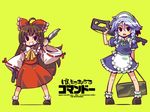  blush brown_hair gun hakurei_reimu izayoi_sakuya japanese_clothes knife long_hair maid miko multiple_girls ribbon short_hair silver_hair simple_background smile super_zombie touhou weapon 