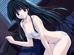  bed black_hair bra comic_party dutch_angle game_cg green_eyes hasebe_aya lingerie long_hair mitsumi_misato panties solo underwear underwear_only 