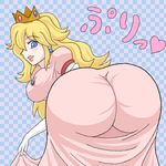  ass bent_over blonde_hair blue_eyes blush breasts crown dress elbow_gloves gloves huge_ass large_breasts long_hair mario_(series) open_mouth pink_dress princess_peach shown smile solo super_mario_bros. super_smash_bros. 