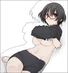  aka_ume barefoot bike_shorts black_hair breasts glasses large_breasts lowres original short_hair solo underboob 