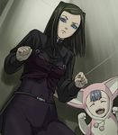  animal_ears black_hair blue_eyes bunny_ears closed_eyes ergo_proxy eyeshadow from_below haruyama_kazunori long_hair looking_down makeup multiple_girls pajamas pantylines pino_(ergo_proxy) re-l_mayer silver_hair smile 