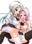  ass blue_eyes breasts dra+koi fang frottage green_eyes heroine_(dra+koi) kouki_kuu large_breasts long_hair multiple_girls panties pink_hair red_eyes slit_pupils spread_legs thighhighs underwear white_panties 