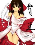  bare_shoulders blush breasts brown_eyes brown_hair cleavage gohei hakurei_reimu illusionk long_hair medium_breasts panties solo touhou underwear undressing white_panties 