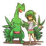  color_connection costume gen_3_pokemon green_eyes green_hair half_updo higurashi_no_naku_koro_ni hitec long_hair moemon parody pokemon pokemon_(creature) pokemon_(game) pokemon_rse ribbon sceptile smile sonozaki_shion 