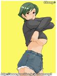  breasts champ+ copyright_request denim denim_shorts earrings green_hair jewelry large_breasts short_hair short_shorts shorts solo sweater underboob undressing 