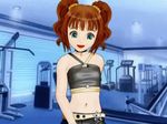  1girl animated animated_gif aqua_eyes blink blinking brown_hair gif green_eyes gym happy hybrid_animation idolmaster indoors looking_at_viewer lowres midriff navel open_mouth riding_machine sexually_suggestive short_hair smile solo takatsuki_yayoi twintails 