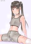  arm_support bike_shorts black_hair blush bra breasts brown_eyes chitose_(zenkou) covered_nipples dated grey_bra kneehighs lips long_hair looking_at_viewer midriff original parted_lips shiny shiny_skin small_breasts socks solo split sports_bra spread_legs sweat twintails underwear zenkou 