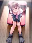  bad_id bad_pixiv_id breasts brown_eyes brown_hair cleavage downblouse from_above hands legs lips long_legs looking_up medium_breasts original paws rezi short_hair sitting smile solo 