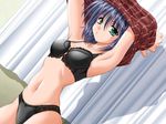  21_two_one black_panties blue_hair bra dutch_angle game_cg green_eyes kikyou_momiji lingerie mole mole_under_eye nishimata_aoi non-web_source panties short_hair solo underwear underwear_only undressing 