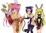  :d ;d absurdres animal_ears animal_print apron arm_support bandeau bangs bare_shoulders basket bell bell_collar bent_over between_legs bikini_top blonde_hair blue_eyes blue_hair blue_legwear blush body_blush bow breasts bunny_ears cake cat_ears cat_tail cherry cleavage cleavage_cutout collar demon_girl demon_tail dessert drink drinking_straw elbow_gloves expressionless flying_sweatdrops food fork frilled_apron frills fruit fur_trim gloves green_eyes hair_between_eyes hair_intakes hair_ornament hairclip halterneck hand_between_legs hand_on_thigh highres holding ice ice_cream ice_cube jingle_bell konjiki_no_yami lala_satalin_deviluke large_breasts leopard_print long_hair looking_at_viewer microskirt midriff multiple_girls napkin navel non-web_source norita_takumo official_art one_eye_closed open_mouth orange pastry pencil_skirt pink_hair plate purple_eyes red_eyes sairenji_haruna scan short_hair sidelocks simple_background skirt smile spill tail tail_bow thighhighs to_love-ru tray turtleneck two_side_up v_arms very_long_hair waist_apron waitress white_background wide_hips 