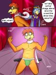  anthro avian bird bluebird bulge chicken clothed clothing comic dialogue english_text eyewear fuze goggles headband jockstrap johnny_(fuze) josh_oliver kneeling male navel nipples scarf shove stripper texnatsu text topless underwear 