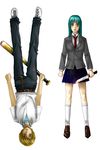  1girl bags_under_eyes baseball_bat green_eyes green_hair higurashi_no_naku_koro_ni houjou_satoshi knife long_hair mu-ko necktie red_eyes ribbon school_uniform short_hair sonozaki_shion 