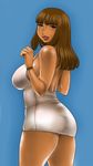  ass blue_background breasts brown_eyes brown_hair copyright_request curvy dark_skin dress huge_breasts lips long_hair looking_back matoyama sideboob solo strapless strapless_dress thighs tube_dress 
