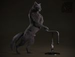  3d_(artwork) animal_genitalia anthro black_fur black_nose canid canine canis chair claws cosmiclife digital_media_(artwork) feral fur hi_res male mammal penis pinup pose realistic romeo_(cosmiclife) semi-anthro sheath solo standing stool teeth wolf 