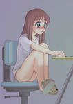  blush brown_hair chair computer green_eyes mouse_(computer) no_pants nonta original panties slippers solo striped striped_panties underwear 
