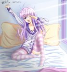  1girl ;o adapted_costume artist_name blush collarbone commentary_request full_body highres indoors light_rays long_hair messy_hair morning nepgear neptune_(series) on_bed one_eye_closed purple_eyes purple_hair signature sitting sleepwear solo stretch striped striped_legwear thighhighs upper_teeth waking_up weresdrim window 