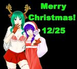  antlers bell blue_eyes blue_hair christmas dress furude_rika gloves green_hair hat higurashi_no_naku_koro_ni long_hair mu-ko multiple_girls purple_eyes red_gloves sack santa_costume santa_hat skirt sonozaki_shion thighhighs 