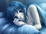  bed blue_eyes blue_hair blush breasts cleavage eien_no_aselia eternity_sword_series looking_at_viewer lying masaharu medium_breasts nude on_side pillow seinarukana smile solo 