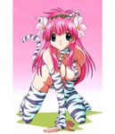  all_fours animal_ears animal_print bell bell_collar blue_eyes breasts cat_ears cat_tail cleavage collar elbow_gloves fingerless_gloves flower galaxy_angel gloves hair_flower hair_ornament hairband highres jingle_bell large_breasts long_hair milfeulle_sakuraba mon_mon nail_polish pink_hair pink_nails shadow slingshot_swimsuit smile solo swimsuit tail thighhighs third-party_edit tiger_print very_long_hair 