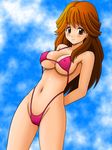  bikini blush breasts brown_eyes brown_hair cameltoe cleavage covered_nipples kawai_iyona long_hair magical_taruruuto-kun medium_breasts navel sideboob solo swimsuit tsumitani_daisuke underboob 