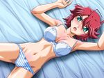  bed blush bra doki_doki_rooming game_cg green_eyes kasuga_haru lingerie lying mutou_keiji non-web_source panties red_hair short_hair solo striped striped_panties underwear underwear_only 