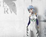  3d arm_at_side ayanami_rei bangs blue_hair bodysuit bracer breasts closed_mouth contrapposto cowboy_shot expressionless gloves hand_on_own_thigh headgear legs_apart liemn logo looking_to_the_side neon_genesis_evangelion nerv pilot_suit plugsuit red_eyes short_hair skin_tight slender_waist small_breasts solo standing turtleneck wall white_bodysuit 