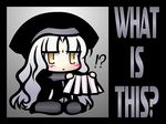  ? blush caren_hortensia chibi english fate/hollow_ataraxia fate/stay_night fate_(series) hat holding_skirt pantyhose pleated_skirt sitting skirt skirt_removed solo white_hair white_skirt yellow_eyes 
